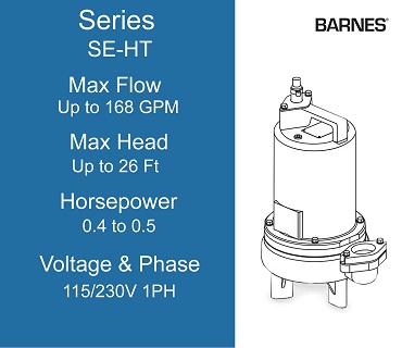Barnes Sewage Ejector, SE-HT Series, 0.4 to 0.5 Horsepower, 115/230 Volts 1 Phase